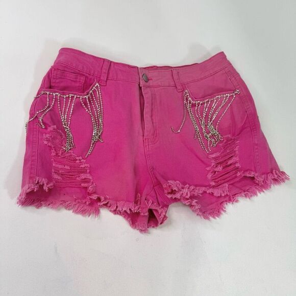 Pink Jean Shorts Womens Large Country Jewel Fringe Cut Off Festival Distressed - Picture 1 of 9